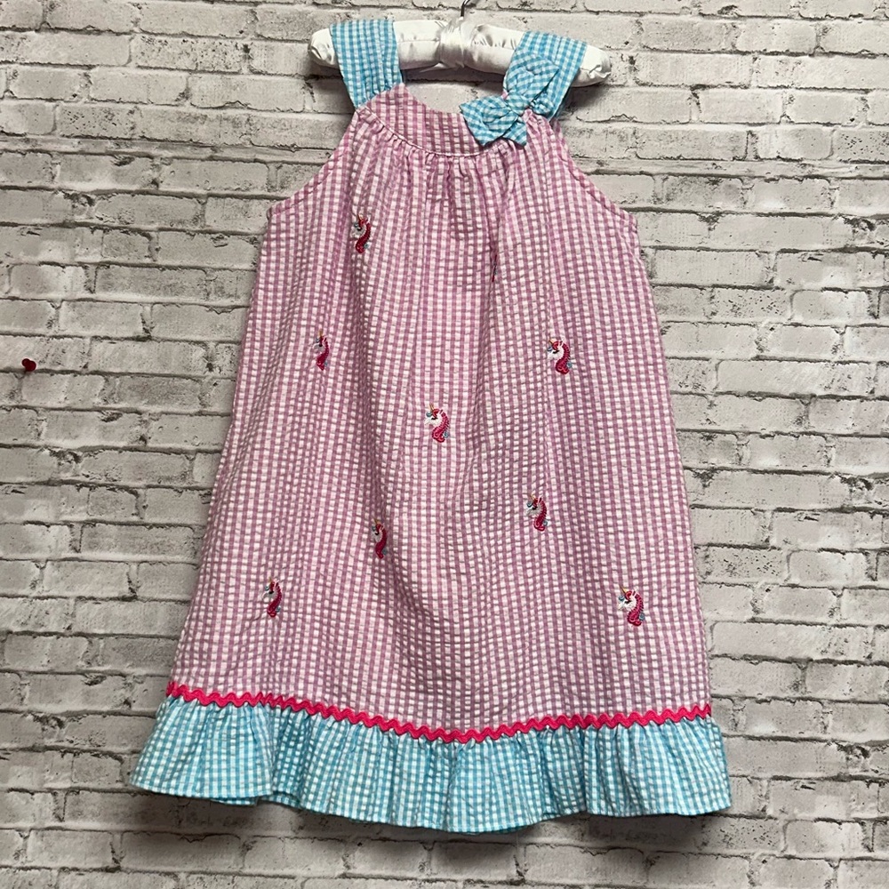 Emily Rose Unicorn Sundress Dress Size 5 Seersucker Girls Pink Blue
